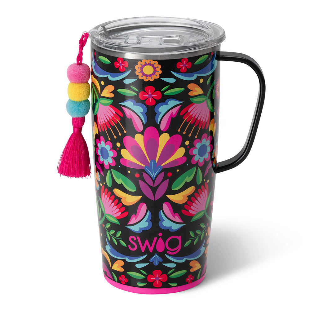 Silver stainless steel travel mug with a slim metal handle and large lid featuring a removable slider.