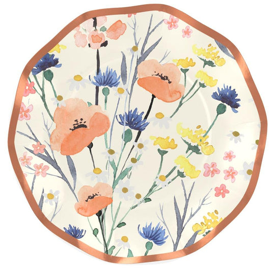 White paper salad plate with peach wildflower print and rose gold foil rim