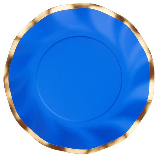 Packaged blue paper salad plates with gold ruffled edges