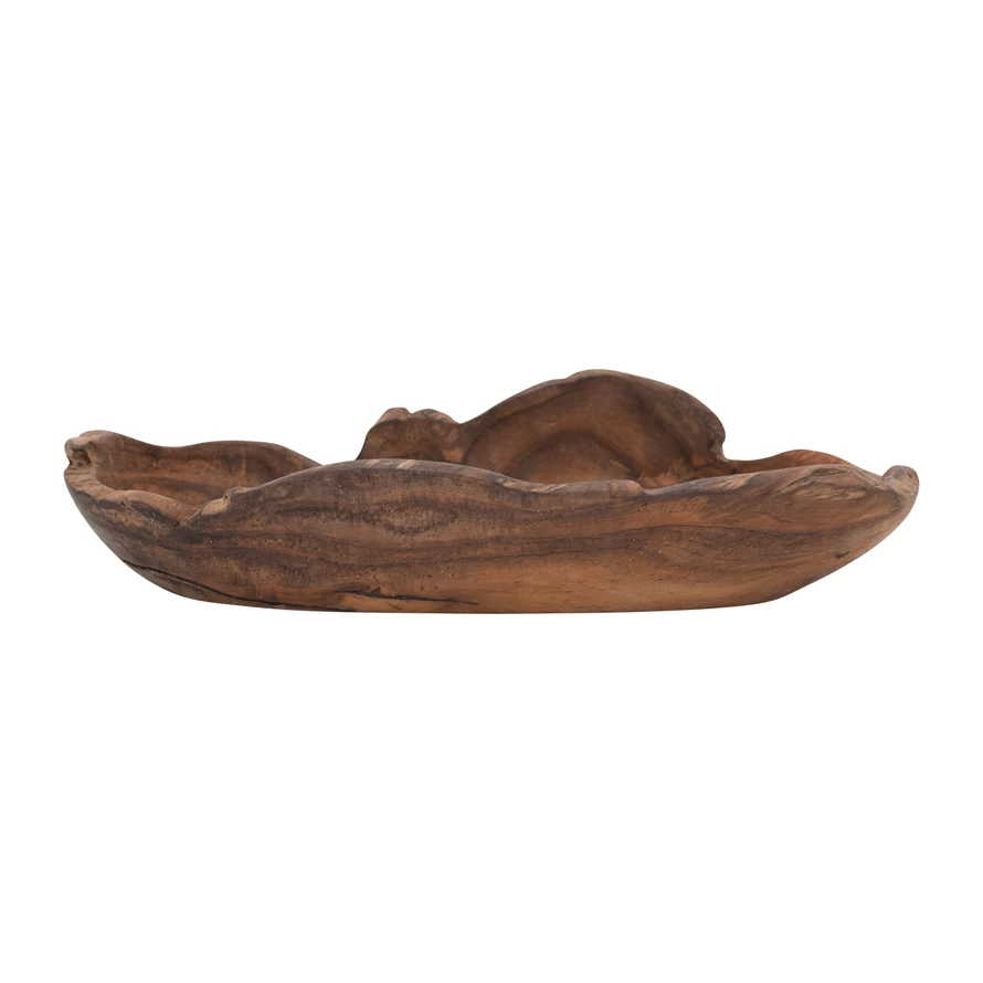 Decorative teak wood bowl with a natural grain finish