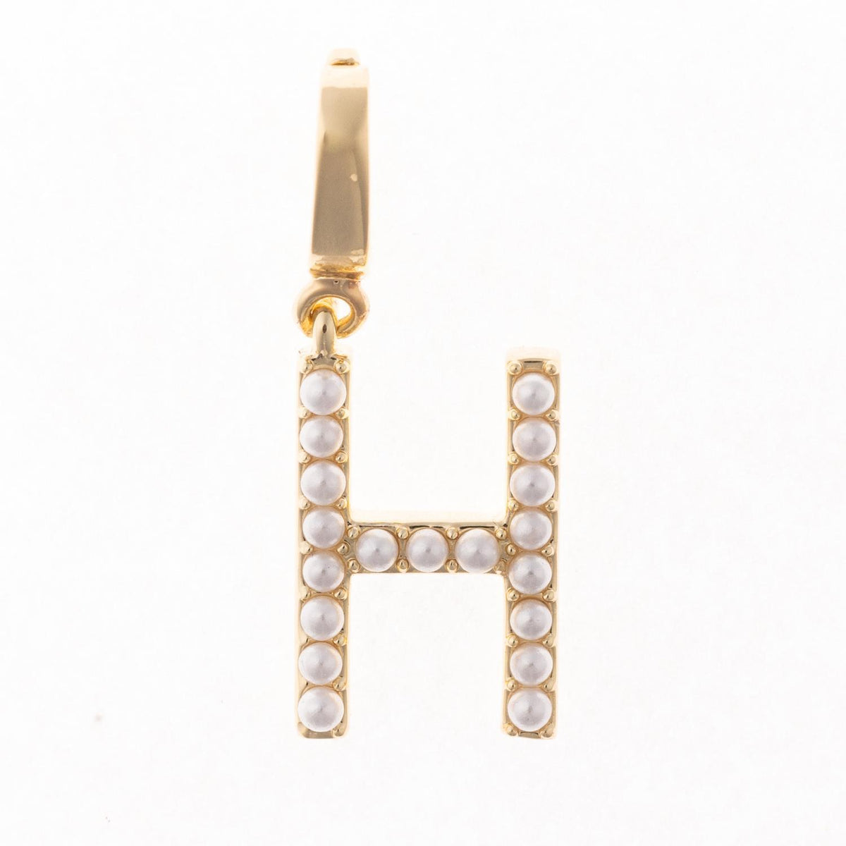 18k gold plated letter H charm with pearl inlay and a clasp for attachment.