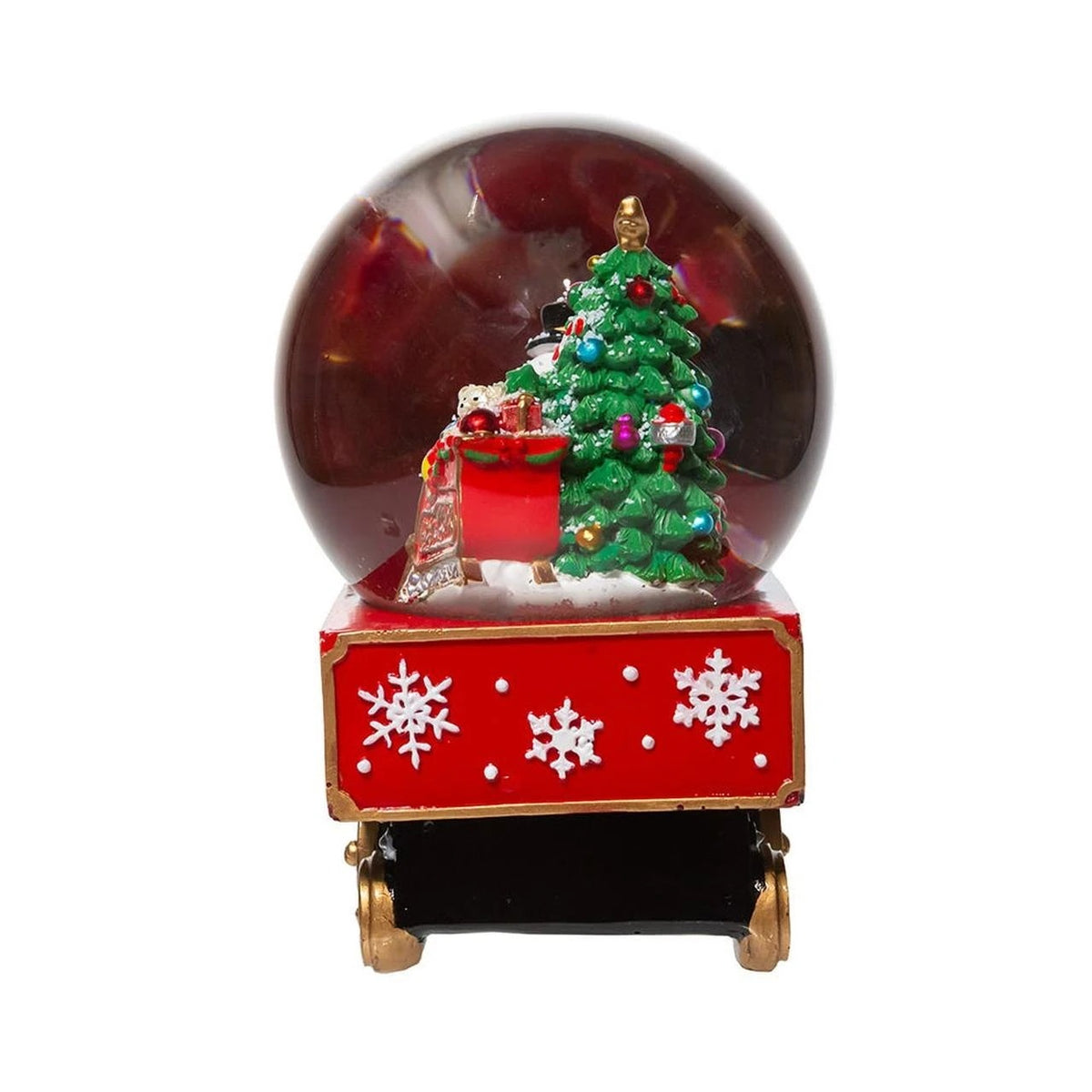 Musical water globe on a red train base featuring a Christmas tree, sleigh, and snowman inside.