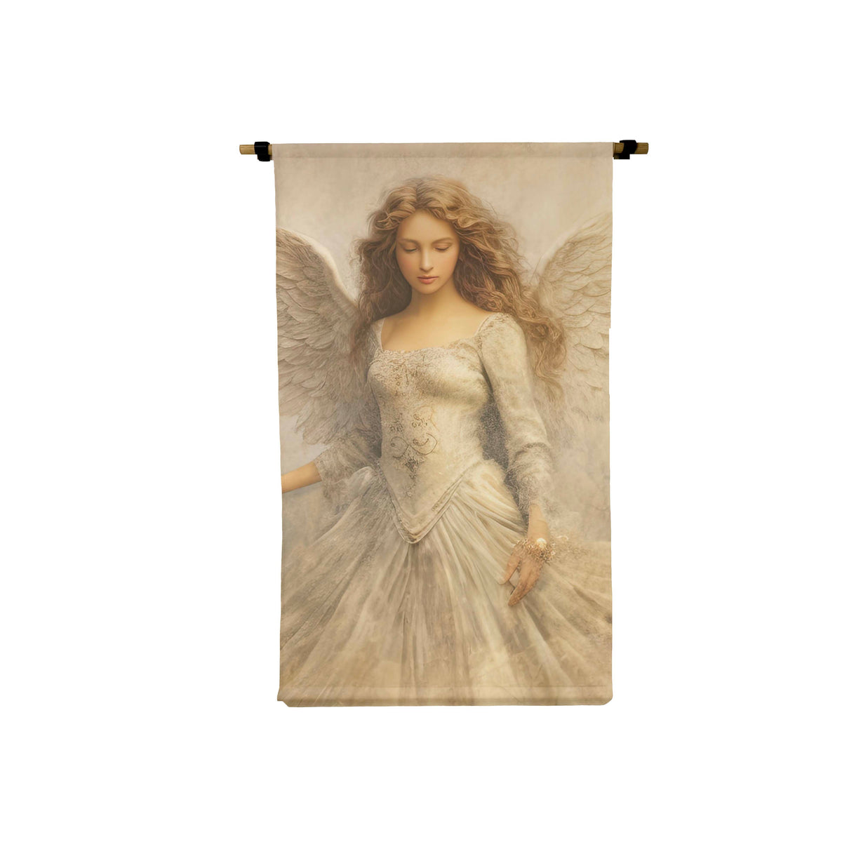 Small vertical raw natural canvas scroll featuring a left-facing angel silhouette with metal hanging brackets.