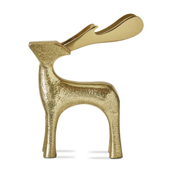 Gold reindeer-shaped bottle opener made of textured aluminum and stainless steel.