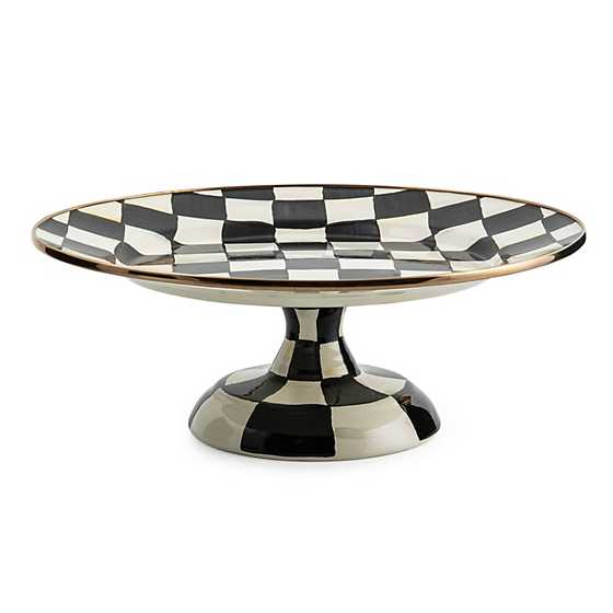 Small Courtly Check enamel pedestal platter with hand-painted pattern on steel base and bronzed stainless rim.