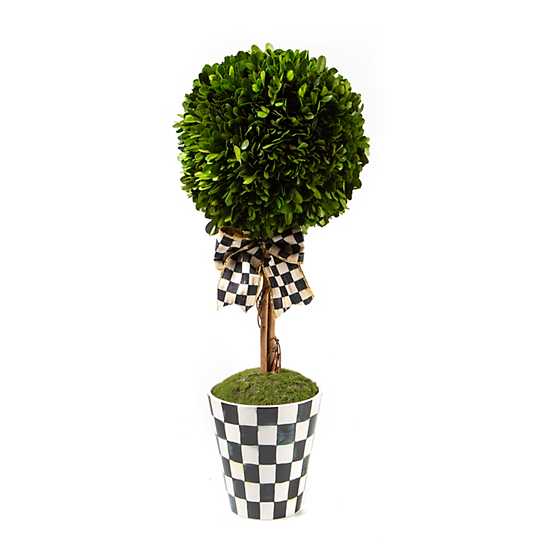 Courtly Boxwood Topiary Drop In with a checkered pot and matching bow on a green boxwood sphere.