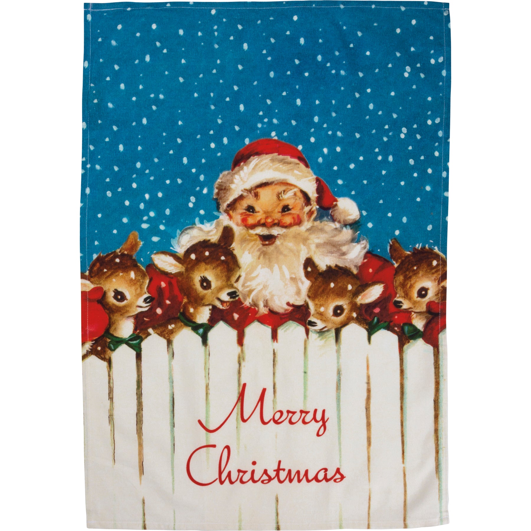 Holiday dish towel featuring Santa Claus and four reindeer behind a white picket fence.