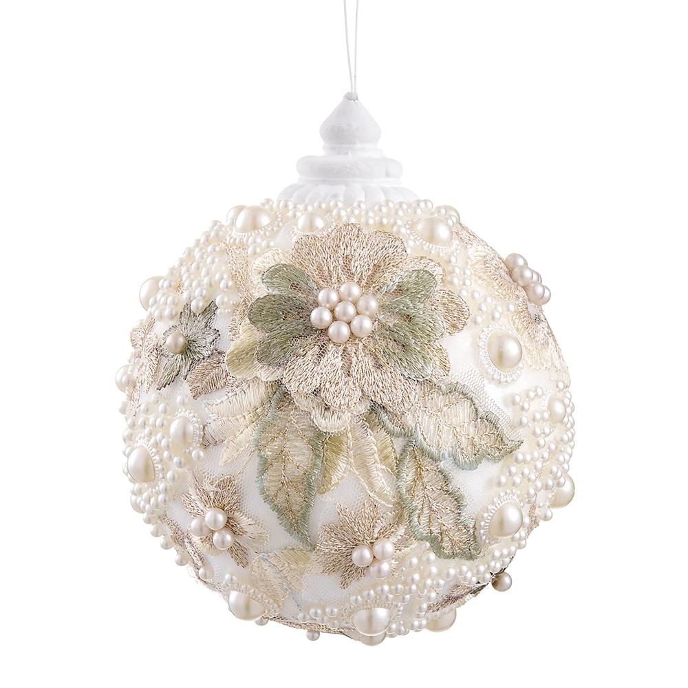 6-inch white ball ornament with intricate floral embroidery and mixed pearl embellishments.