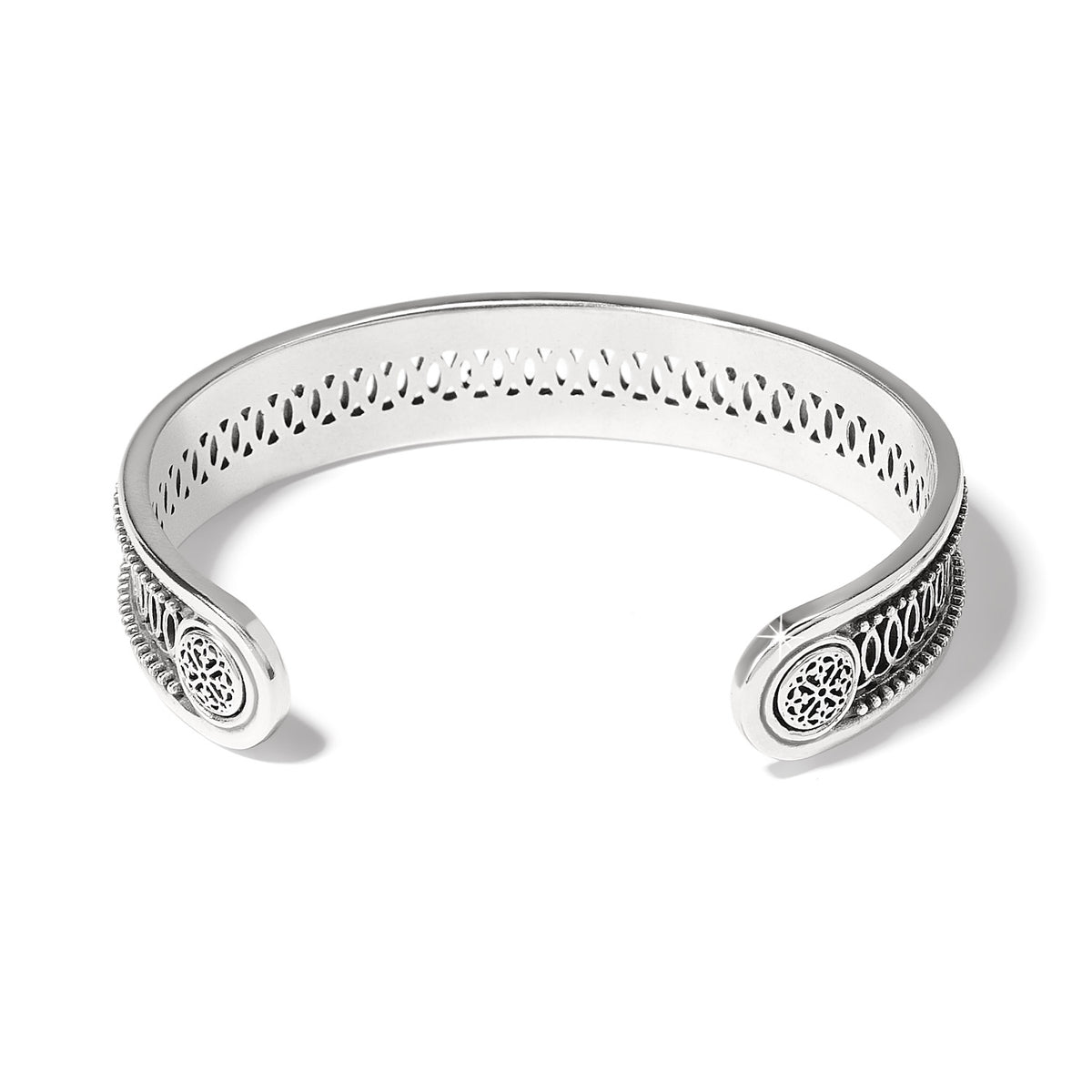 Silver plated Ferrara Siena cuff bracelet with a half-inch width.