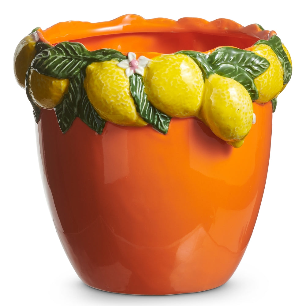 Ceramic planter with orange body and lemon-colored rim