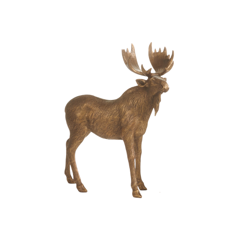 Antique gold moose figurine with a rustic finish and detailed antlers, standing on four legs.