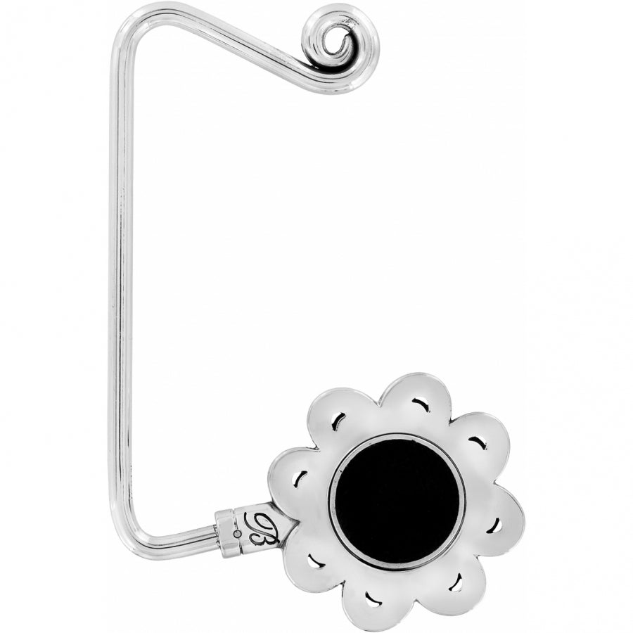 Silver plated handbag hook with a curved silhouette.
