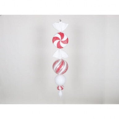 40-inch peppermint swirl candy finial drop ornament with red and white glittered spheres.