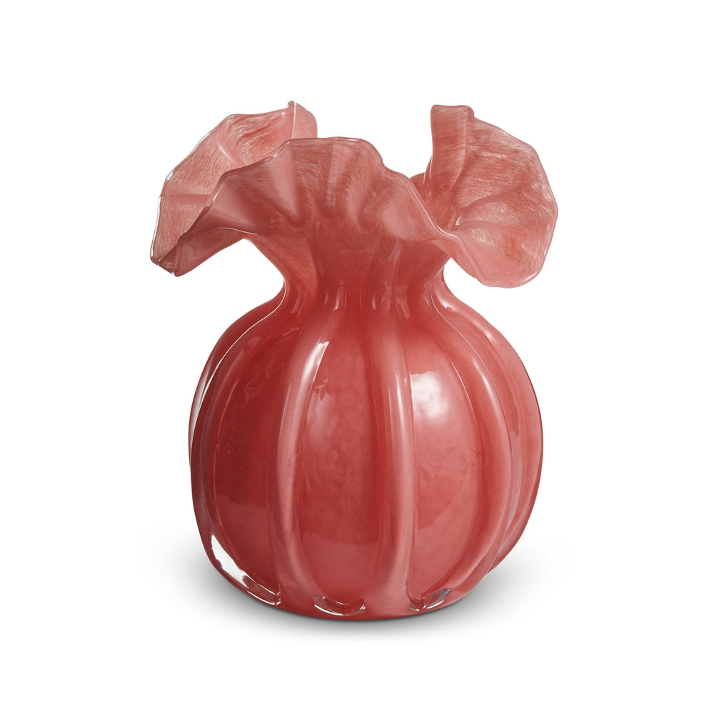 6.5-inch pink glass vase with ruffled rim
