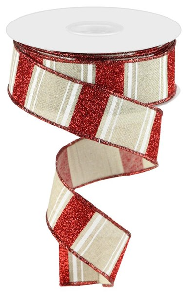 1.5 inch wide ribbon with red glitter stripes and tan stripes on a white spool.