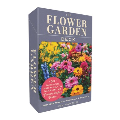 The Flower Garden Deck book cover featuring a colorful illustration of various flowers including lilacs and roses.