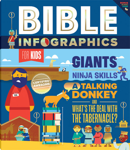 Bible Infographics book with colorful infographic spreads showing stats like Noah's Ark soccer balls and a fold-out timeline board game.
