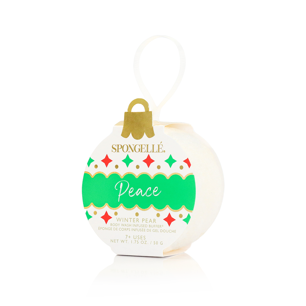 Holiday Ornament Body Wash Infused Buffer with festive wreath packaging