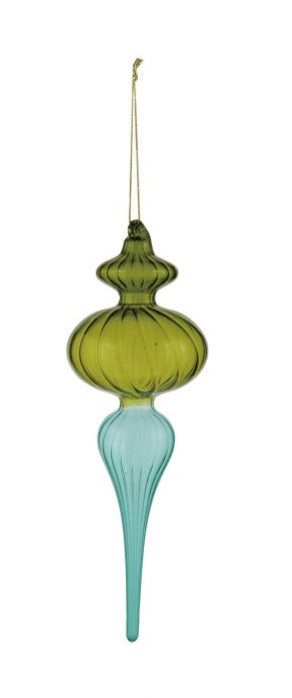Two-tone glass finial ornament with a ribbed texture in olive green and light blue.