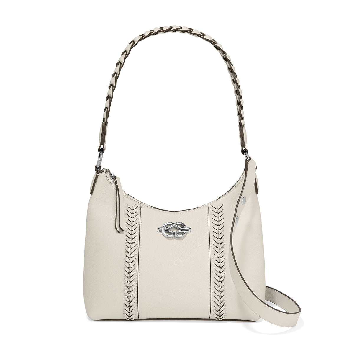 White leather convertible shoulderbag with adjustable straps and ziptop closure
