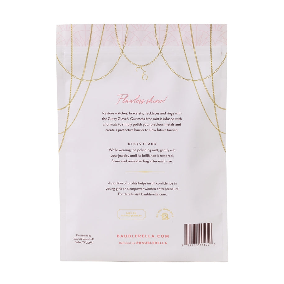 Back of Glitzy Glove packaging with directions, product benefits, and brand information.