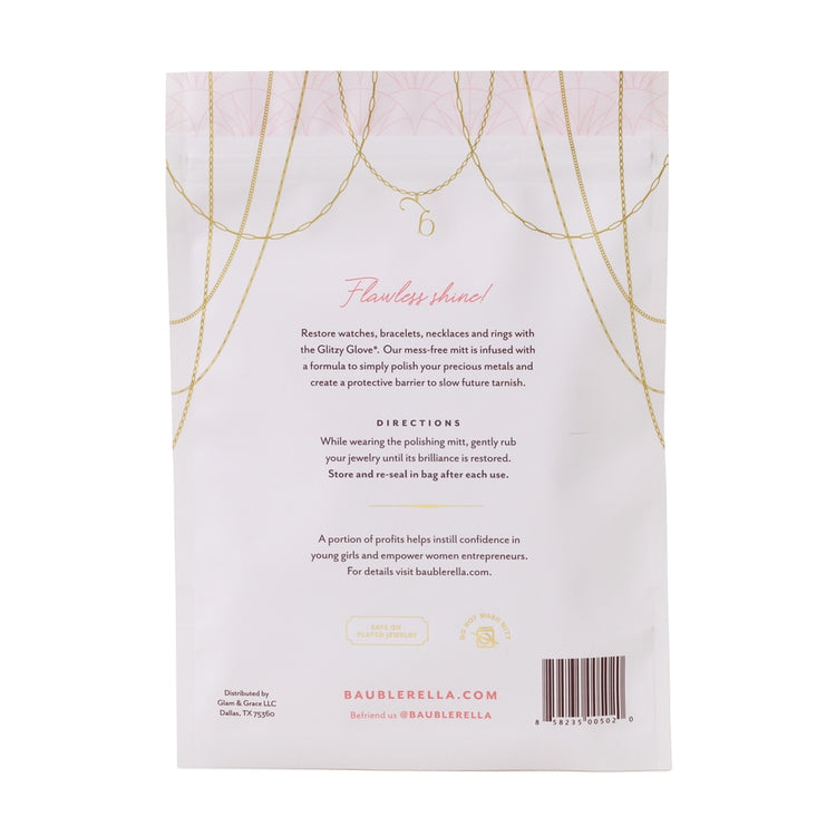 Back of Glitzy Glove packaging with directions, product benefits, and brand information.