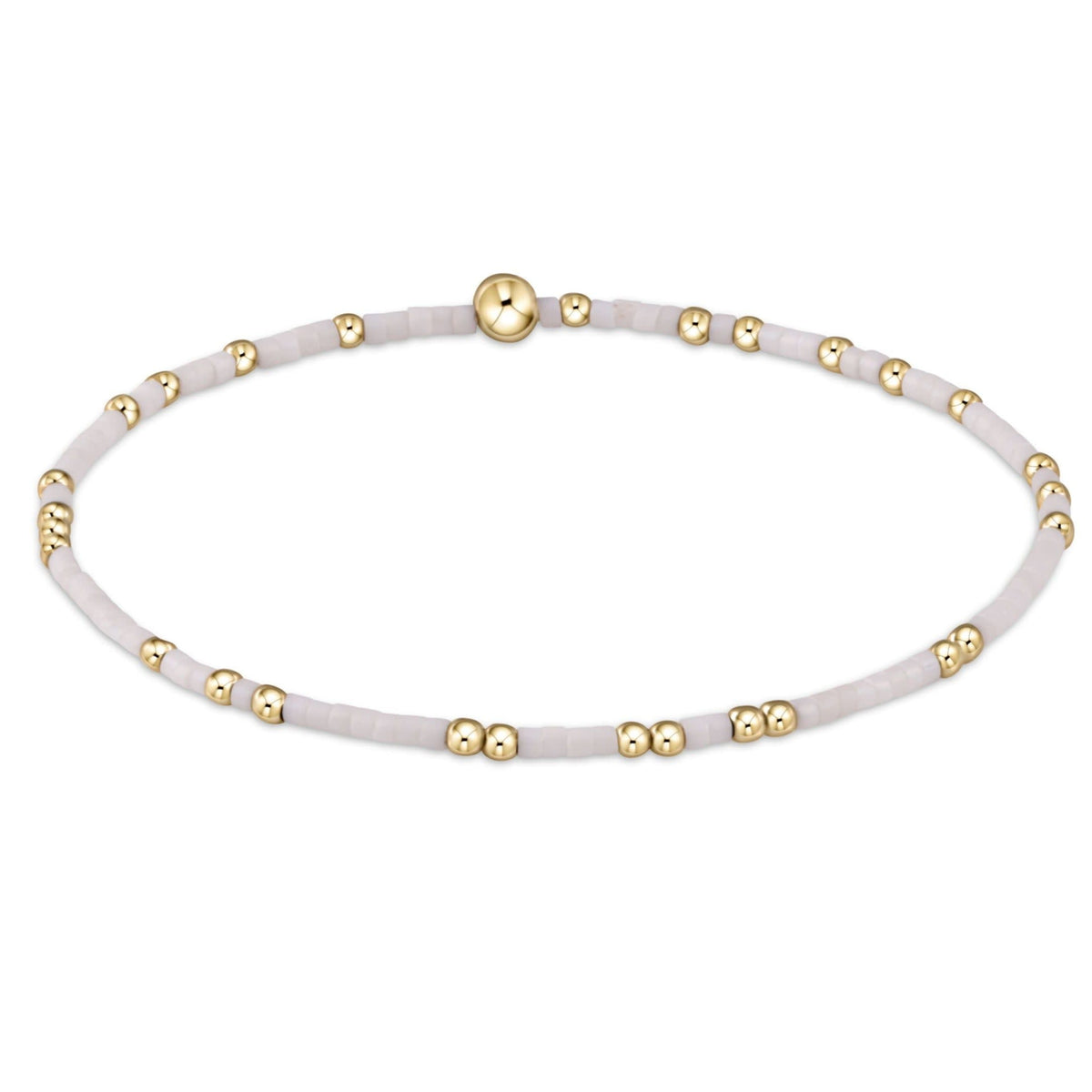 Hope Unwritten bracelet featuring mixed seed beads in various colors with gold-filled accents on elastic cord.