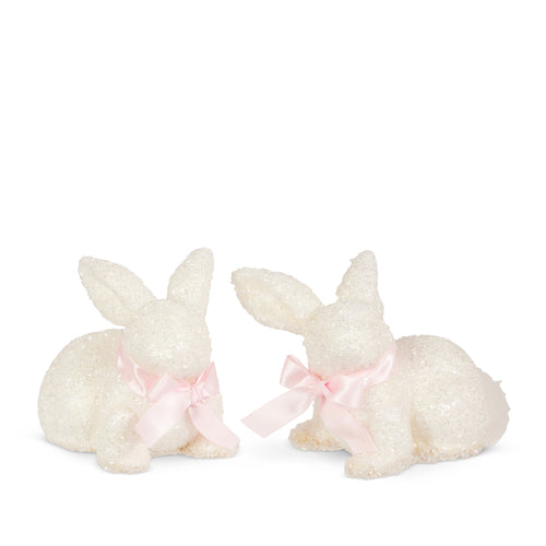 White glitter bunny figurine made of plastic foam and polyester measuring 5.5 inches long.
