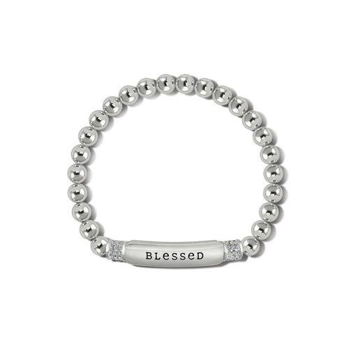 Meridian Petite Blessed silver plated stretch bead bracelet with a message bar and crystal accents.