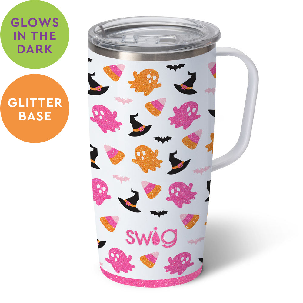 Silver stainless steel travel mug with a slim metal handle and large BPA-free lid.