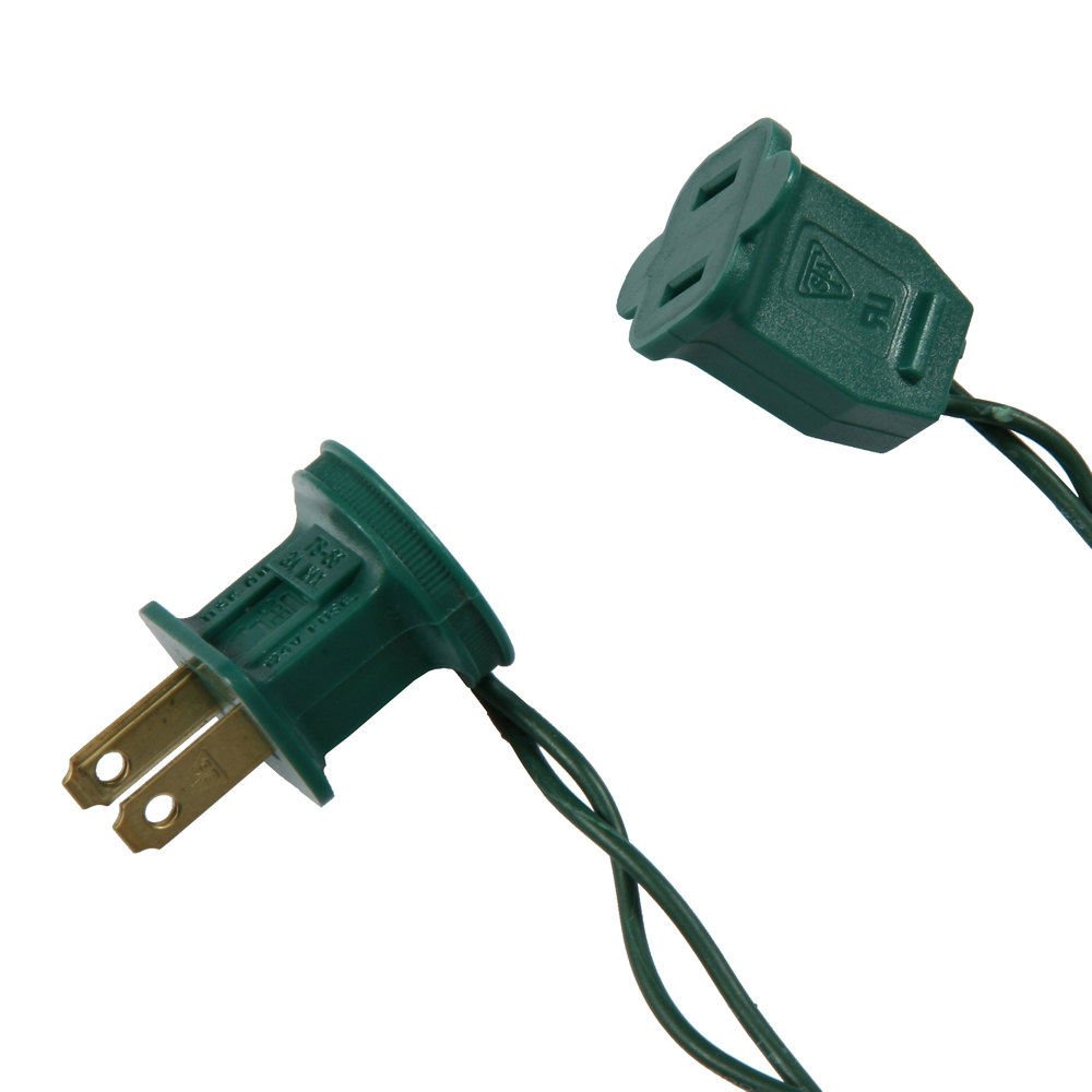 Green C7 socket wire with male plug and female end connector for custom holiday lighting displays.