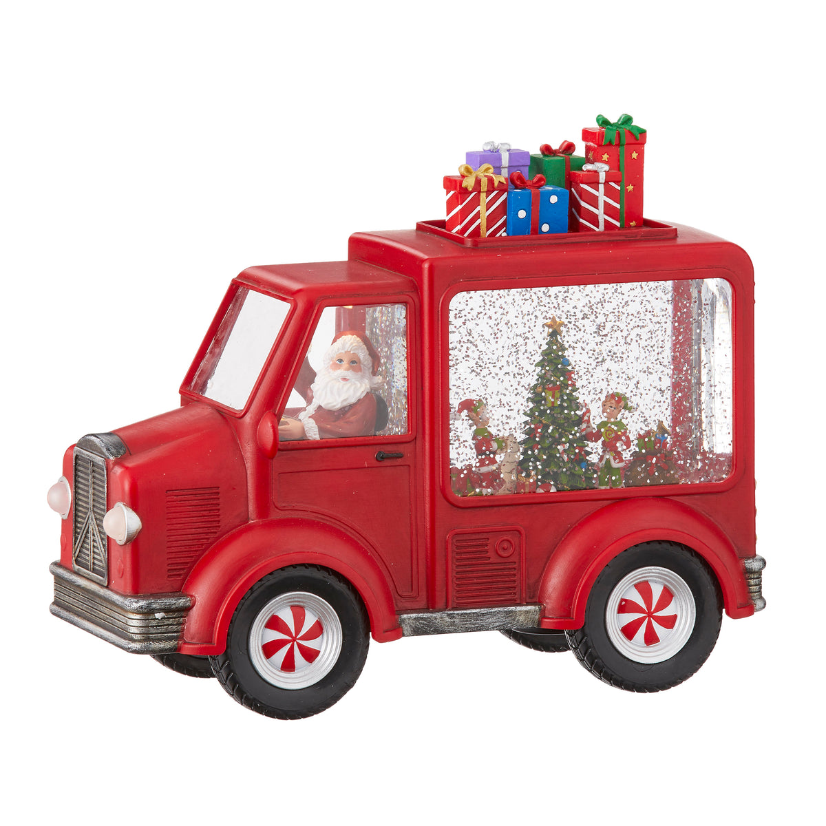 Plastic water truck with Santa and elves figures featuring swirling glitter pattern inside a lighted container.