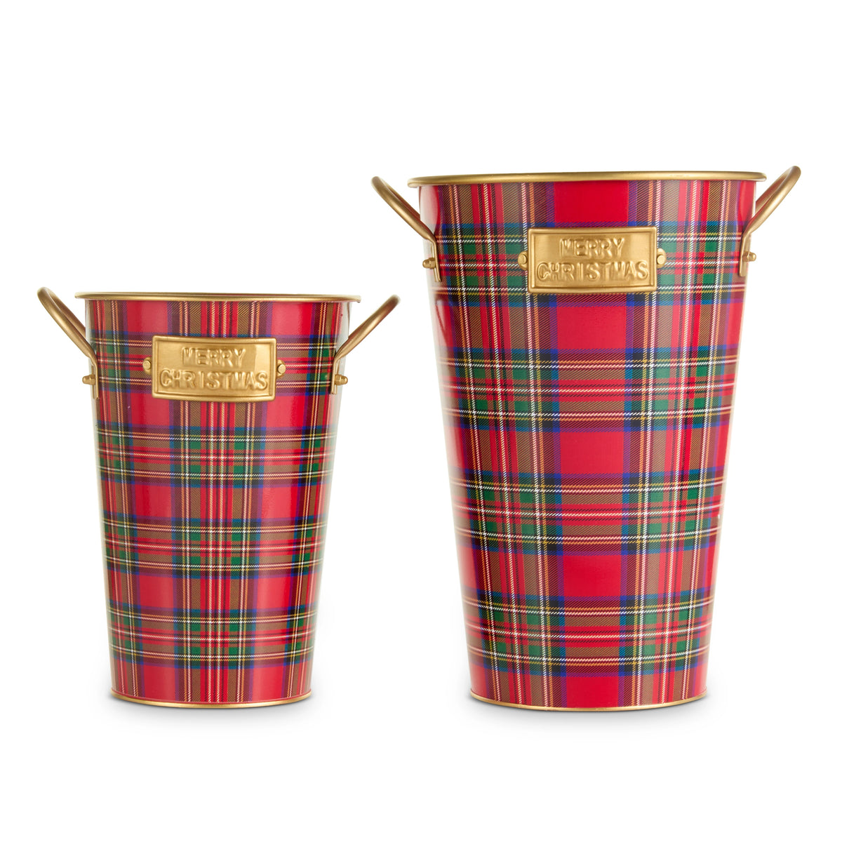 Two red, green, and gold plaid iron buckets with gold handles and a Merry Christmas plaque.