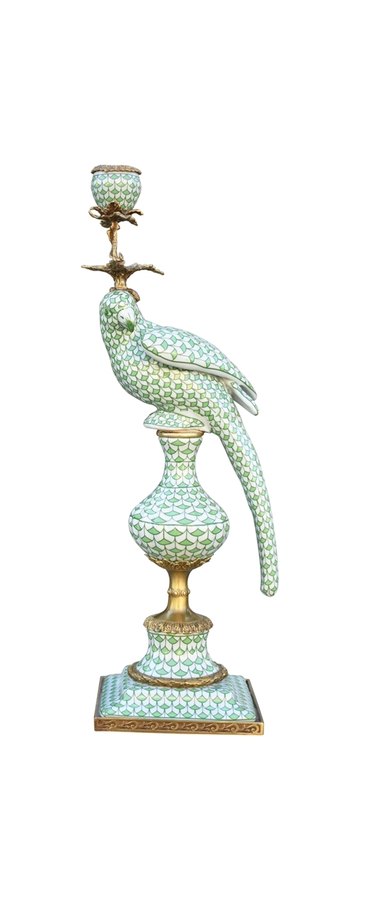 Porcelain Green Fish Scale & Bronze Bird Candlestick Left Facing