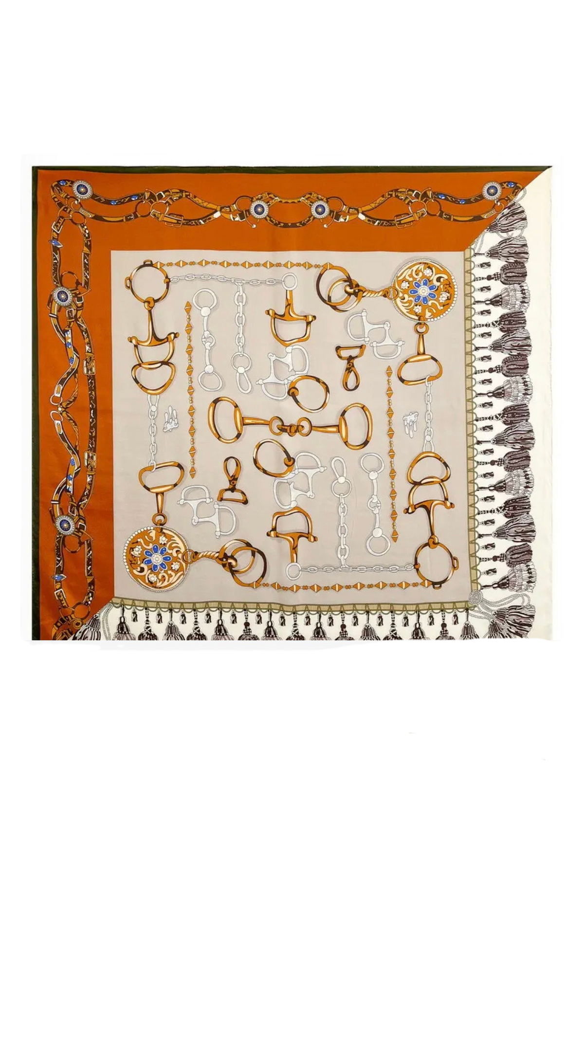 Silk square scarf with an equestrian bit and chain pattern in orange, gold, and white.