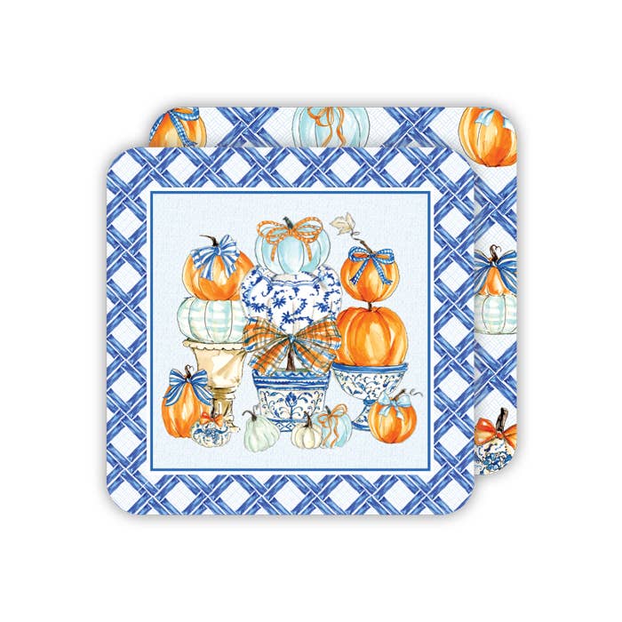 Square blue chinoiserie coaster with handpainted pots and pumpkins pattern