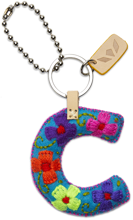Felt letter charm attached to a metal chain with an eyelet ring.