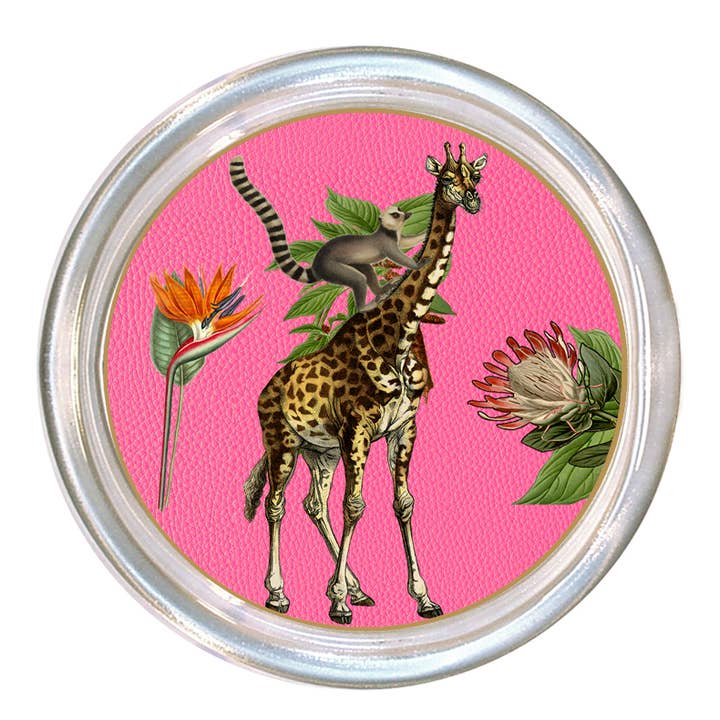 Glass coaster with a high rim and black velvet back.