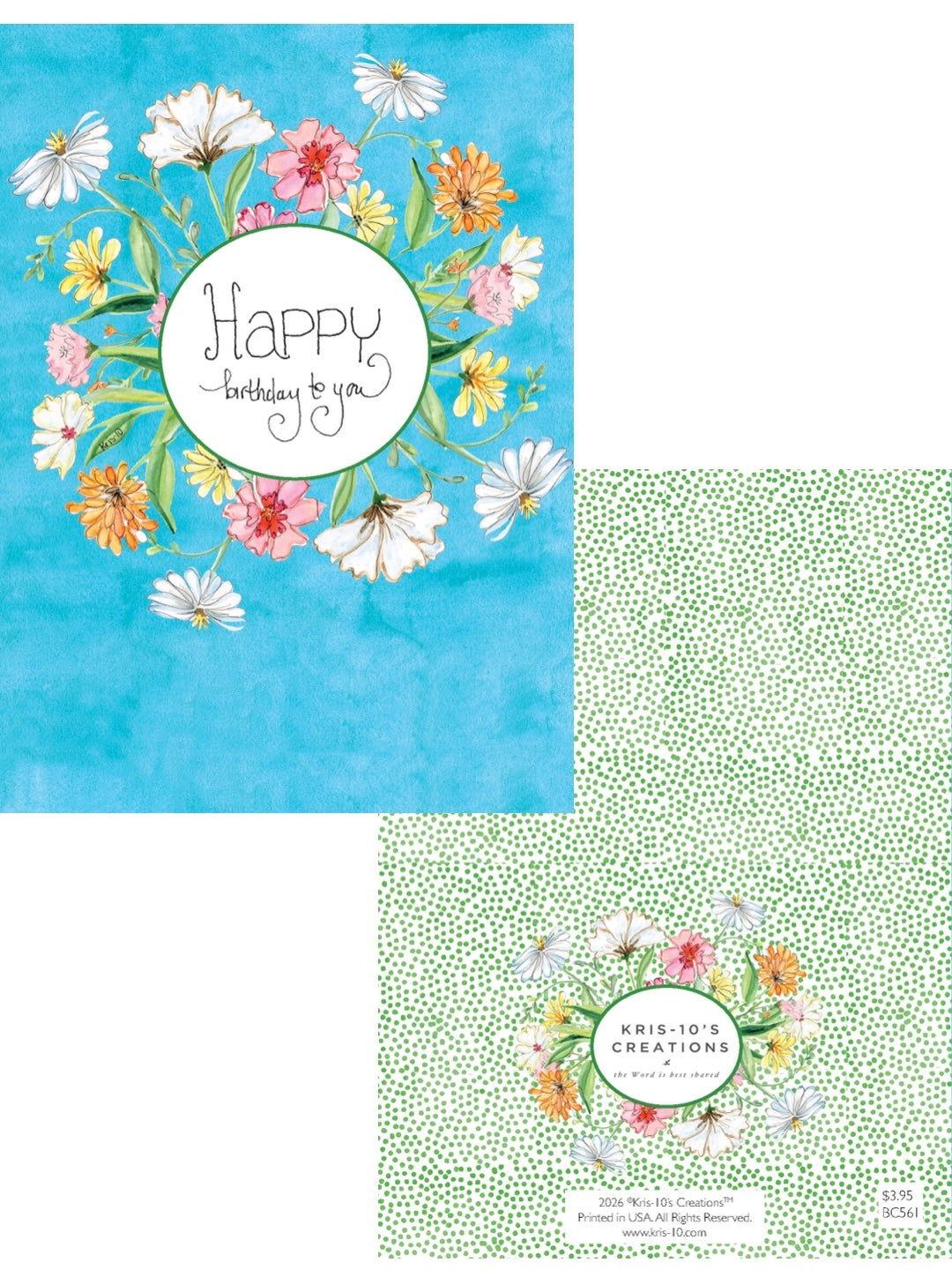 Birthday card with a floral wreath on a blue background and a green dotted pattern on the back.