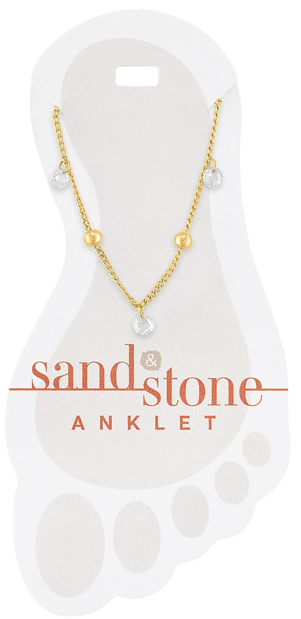 Gold chain anklet with gold ball beads and clear cubic zirconia dangles on a foot-shaped card.
