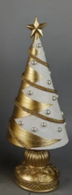 Gold and white striped artificial Christmas tree with integrated lights
