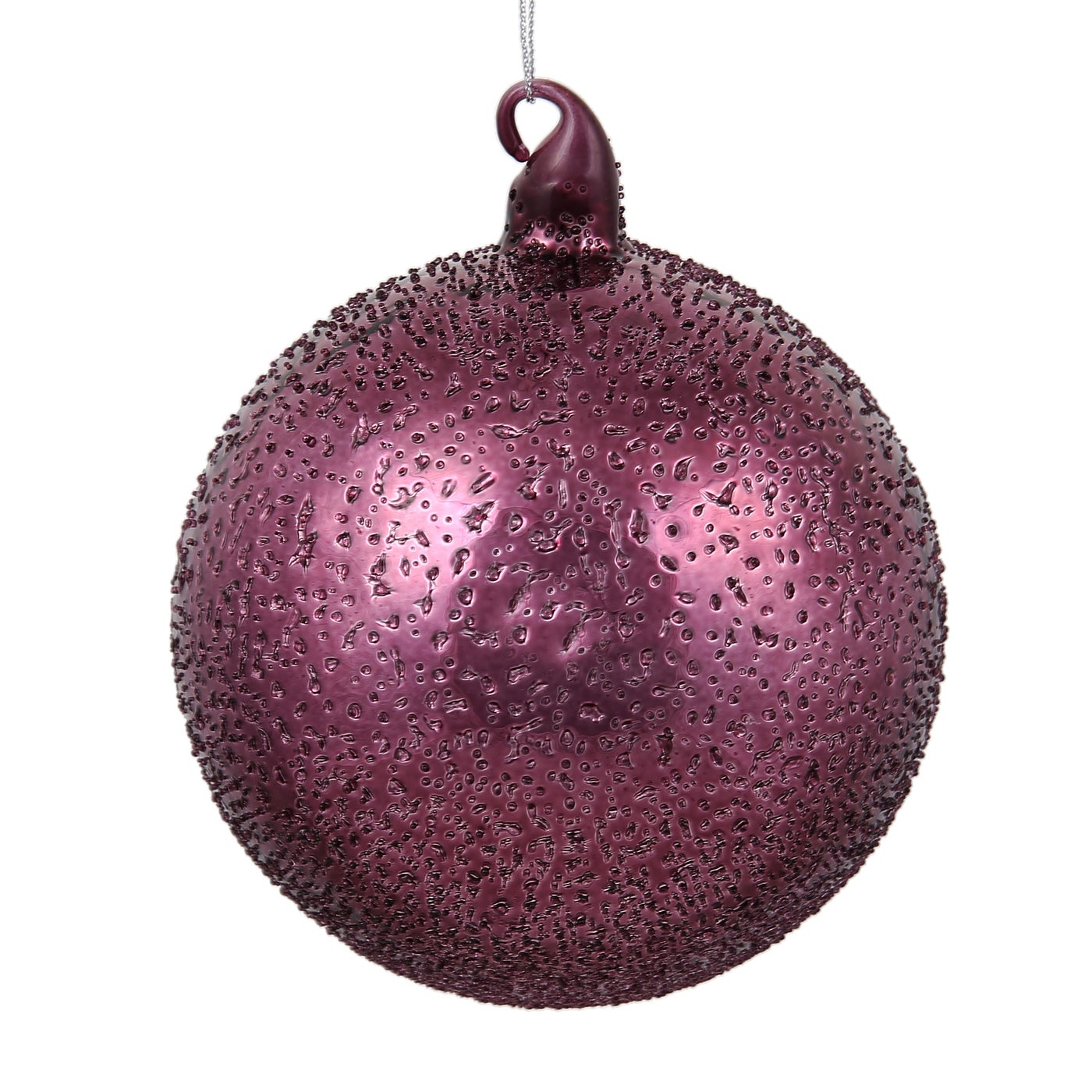 120mm burgundy glass ball ornament with a textured beaded surface and a top hanging loop.