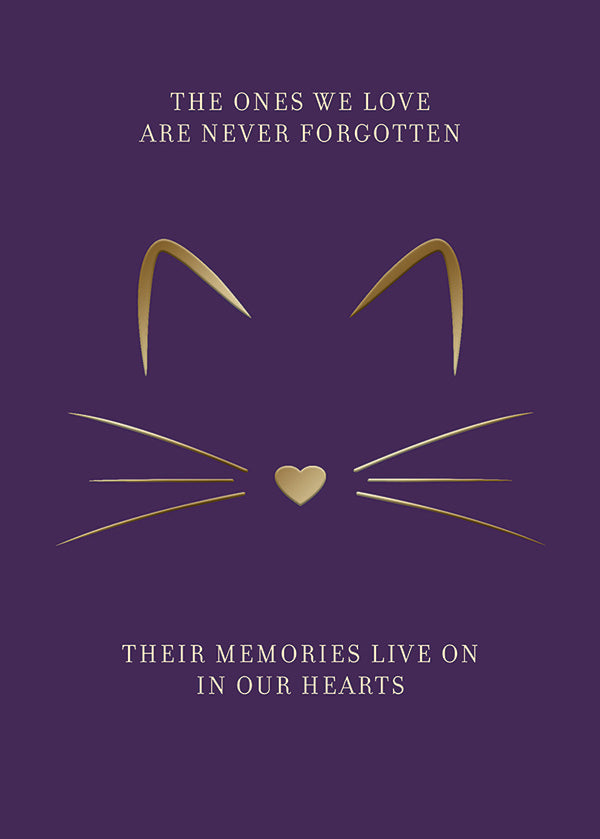 White rectangular sympathy card featuring a black cat illustration with the text 'Beloved Cat' and floral design elements.
