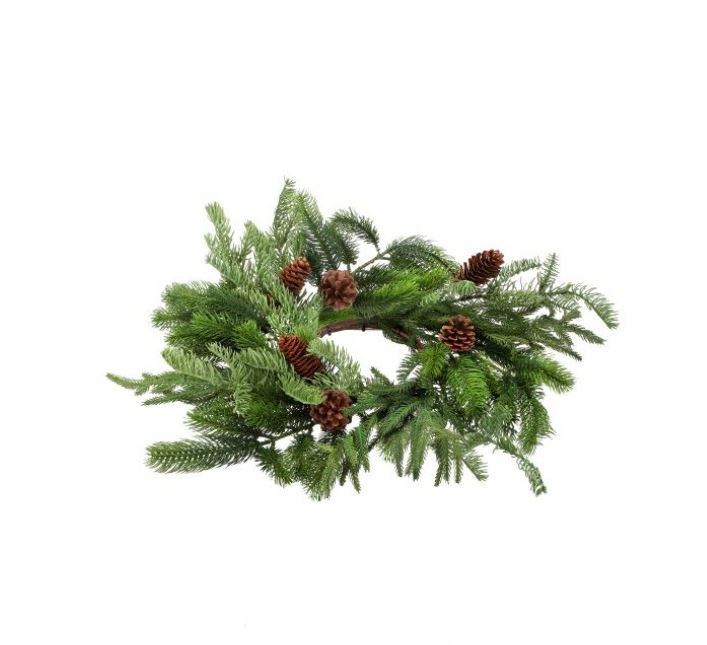 Natural green Norfolk/Spruce/Juniper wreath with organic foliage silhouette.