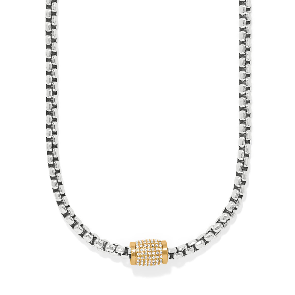 Two-tone silver-gold adjustable lobster claw necklace featuring fine quality crystals on an 18 to 20 inch chain.