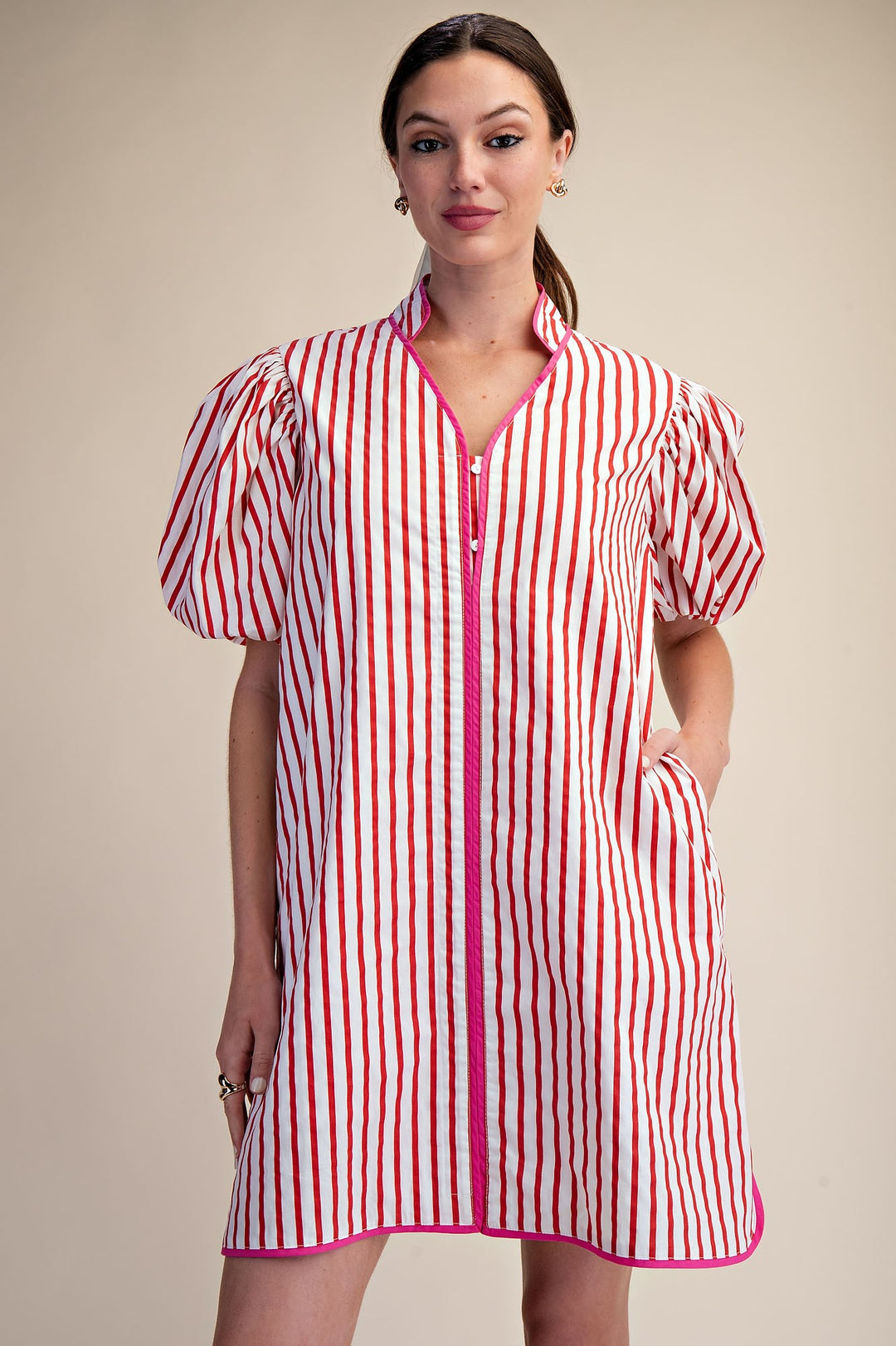 Aliyah Collar Neck Puff Sleeve Stripe Mini Dress