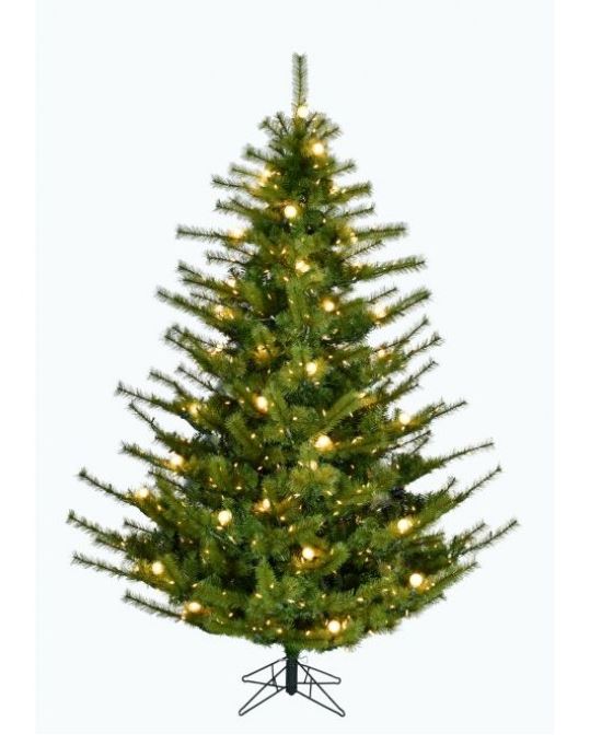 9' green Hickory artificial Christmas tree with clear LED lights and a black metal stand.