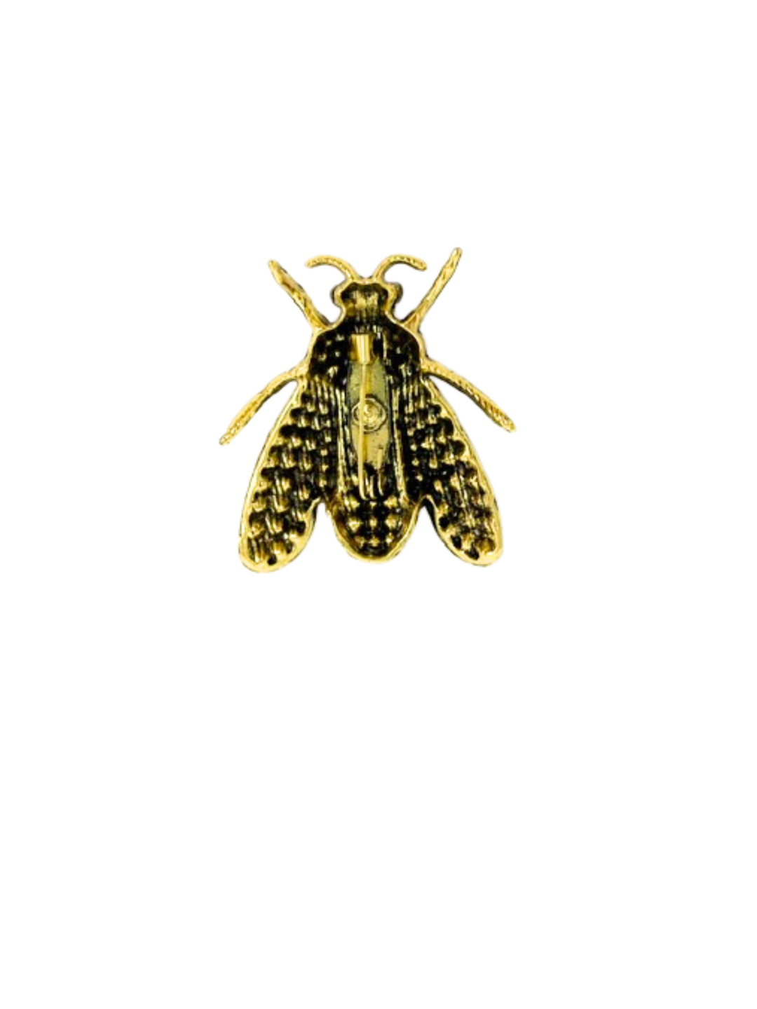 Back view of a gold-toned insect brooch with a pin fastening and textured metal finish.