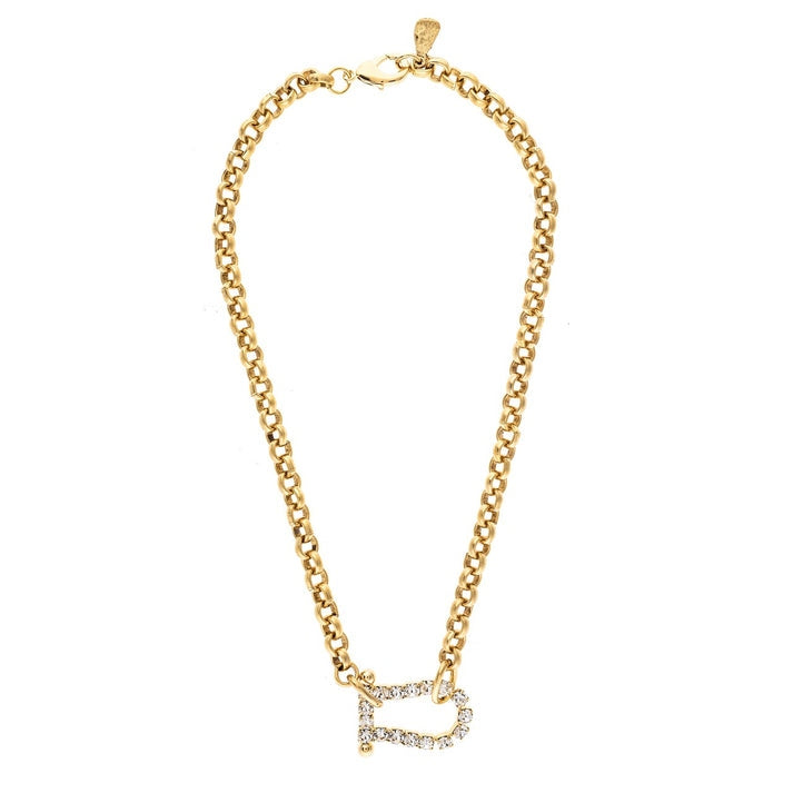 Gold curb-link chain necklace featuring a crystal-pavé horseshoe-shaped pendant.