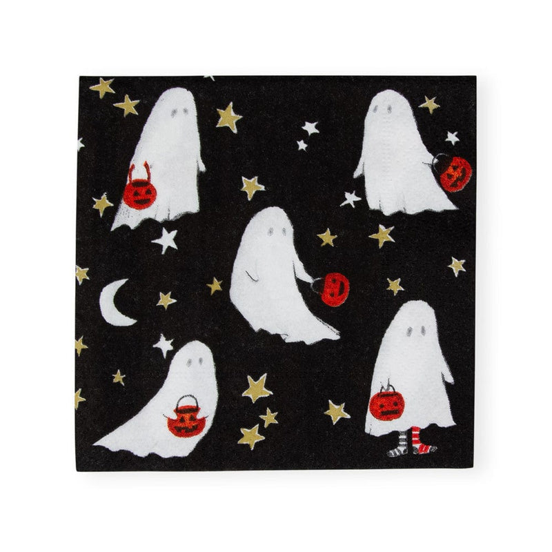 Ghoul's Night Out cocktail napkins featuring white ghosts with pumpkin buckets on a black sky.